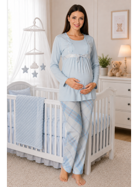 Effortt 8082 Mavi  Dantelli Lohusa Pijama Takım